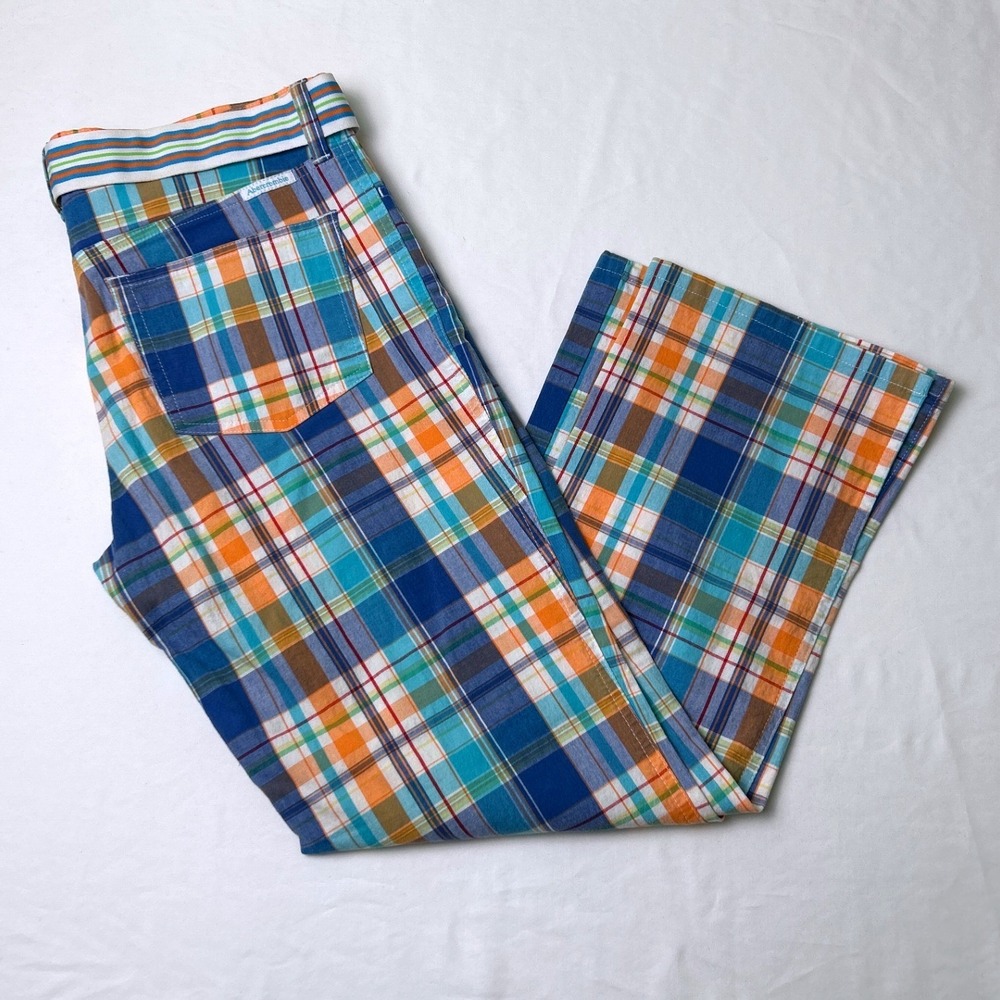 Abercrombie & Fitch Womens Plaid Belted Straight Leg Pants Size 6 Blue Orange